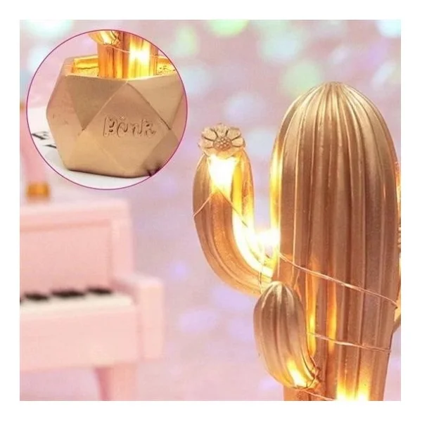 LED Işıklı Sevimli Kaktüs Dekoratif Masa Lambası Mini Biblo Gece Lambası-Gold - Görsel 3