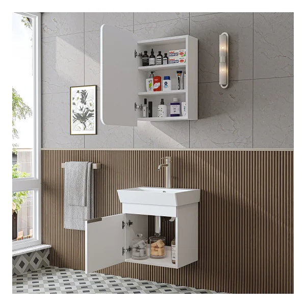 Roomart Likya Mdflam Tek Kapaklı Lavabolu 49 Cm Banyo Dolabı + Üst Dolabı, Mini Lavabolu Banyo Dolabı Takımı Beyaz - Görsel 4