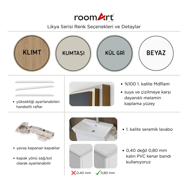 Roomart Likya Mdflam Tek Kapaklı Lavabolu 49 Cm Banyo Dolabı + Üst Dolabı, Mini Lavabolu Banyo Dolabı Takımı Beyaz - Görsel 5