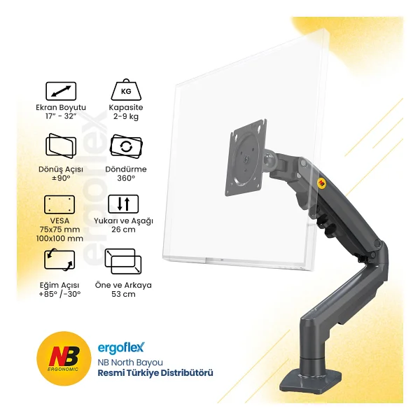 North Bayou F80 17-32 İnç Tek Kollu Amortisörlü Monitör Standı - Görsel 4