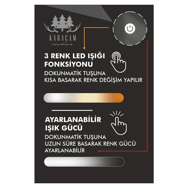 Karaçam Dekor Lazer Kumlamalı LED Işıklı 3 Renkli Dokunmatik Boy Aynası - Görsel 2
