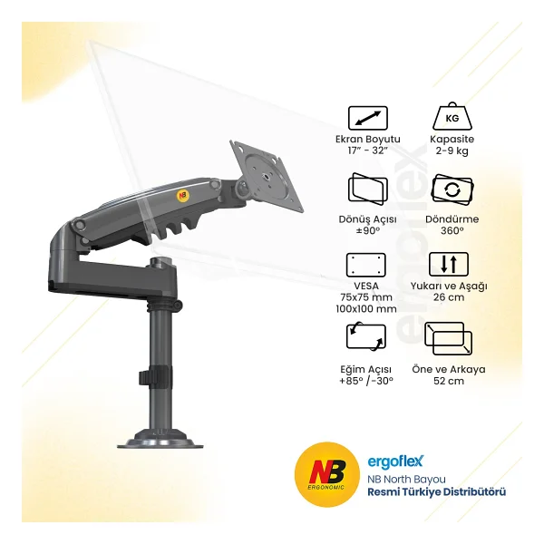North Bayou H100 17-32 İnç Tek Kollu Amortisörlü Monitör Standı - Görsel 5