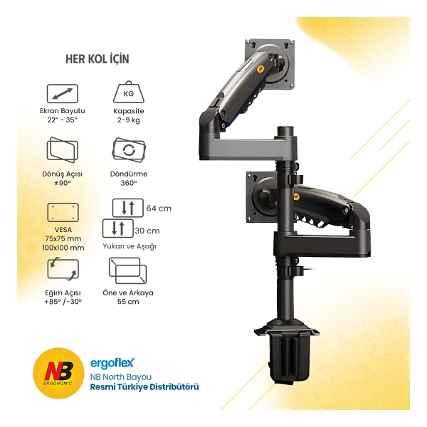 North Bayou H180 22-35 İnç İki Kollu Amortisörlü Monitör Standı - Görsel 3