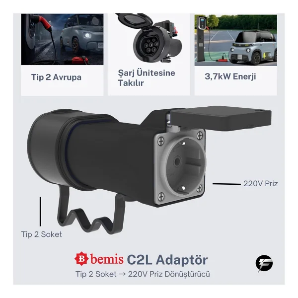 Bemis C2l Charger To Load Elektrikli Araç Şarj Uyumlu Kablosuz Adaptör 3.7 Kw - Görsel 2