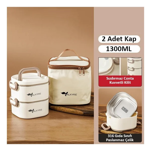 Valkyrie 1300 Ml 2 Katlı Paslanmaz Çelik Yemek Kabı - Termal Taşıma Çantalı, Sızdırmaz, Bpa İçermez - Görsel 2