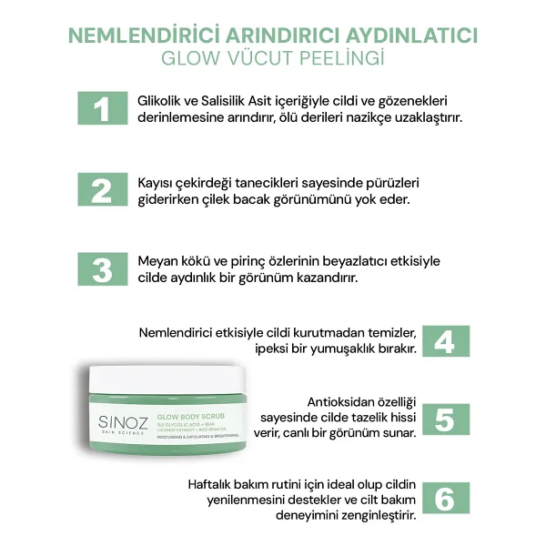Sinoz Nemlendirici, Arındırıcı Ve Aydınlatıcı Glow Vücut Peelingi %5 Glikolik Asit 200 Gr - Görsel 2