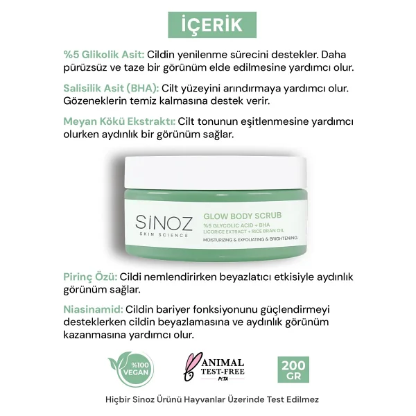 Sinoz Nemlendirici, Arındırıcı Ve Aydınlatıcı Glow Vücut Peelingi %5 Glikolik Asit 200 Gr - Görsel 3