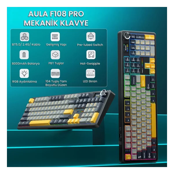 Aula F108 Pro RGB %100 Reaper Switch Kablolu/Kablosuz Mekanik Oyuncu Klavyesi - Görsel 2