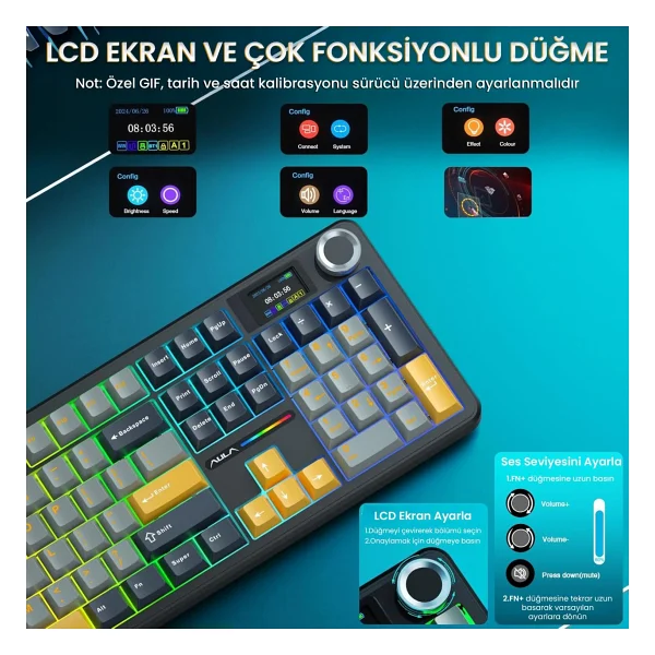 Aula F108 Pro RGB %100 Reaper Switch Kablolu/Kablosuz Mekanik Oyuncu Klavyesi - Görsel 3