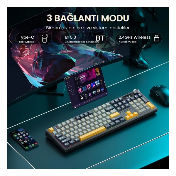 Aula F108 Pro RGB %100 Reaper Switch Kablolu/Kablosuz Mekanik Oyuncu Klavyesi - Görsel 4