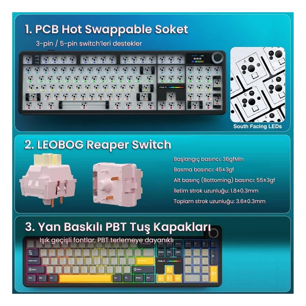 Aula F108 Pro RGB %100 Reaper Switch Kablolu/Kablosuz Mekanik Oyuncu Klavyesi - Görsel 5