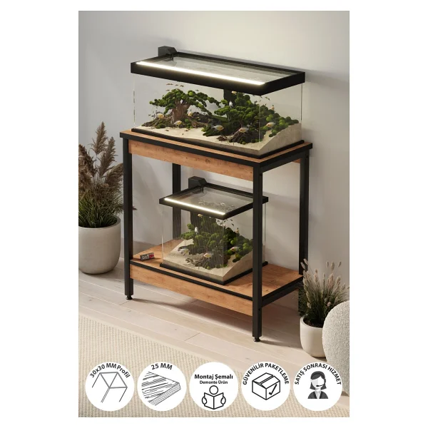 Bofigo Akvaryum Sehpası Yan Sehpa Metal Ayaklı Sehpa 80 X 40 Cm Çam - Görsel 7