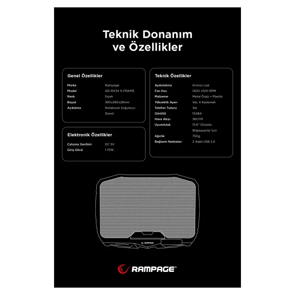 Rampage Ad-Rx34 X-Frame 4 Fanlı Laptop Soğutucu - Görsel 7