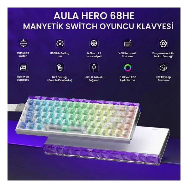 Aula Hero 68 He Manyetik Klavye Rapid Trigger Silver Switch 8000hz RGB Neon Tkl Hot Swap Oyuncu Klavyesi Şeffaf - Görsel 2