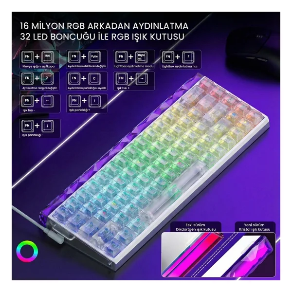 Aula Hero 68 He Manyetik Klavye Rapid Trigger Silver Switch 8000hz RGB Neon Tkl Hot Swap Oyuncu Klavyesi Şeffaf - Görsel 3