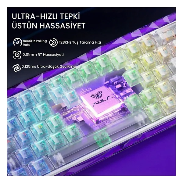 Aula Hero 68 He Manyetik Klavye Rapid Trigger Silver Switch 8000hz RGB Neon Tkl Hot Swap Oyuncu Klavyesi Şeffaf - Görsel 4