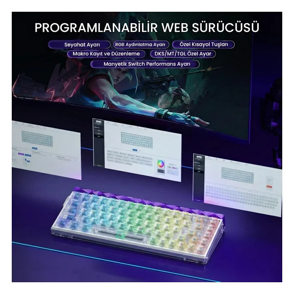 Aula Hero 68 He Manyetik Klavye Rapid Trigger Silver Switch 8000hz RGB Neon Tkl Hot Swap Oyuncu Klavyesi Şeffaf - Görsel 5
