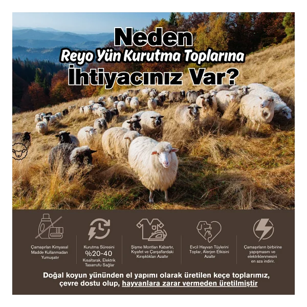 Reyo %100 Saf Yün Kurutma Makinesi Topu 9'lu Set - L Boy Kahverengi - Kimyasalsız Doğal Yumuşatıcı Ve Antistatik Etki - Görsel 3