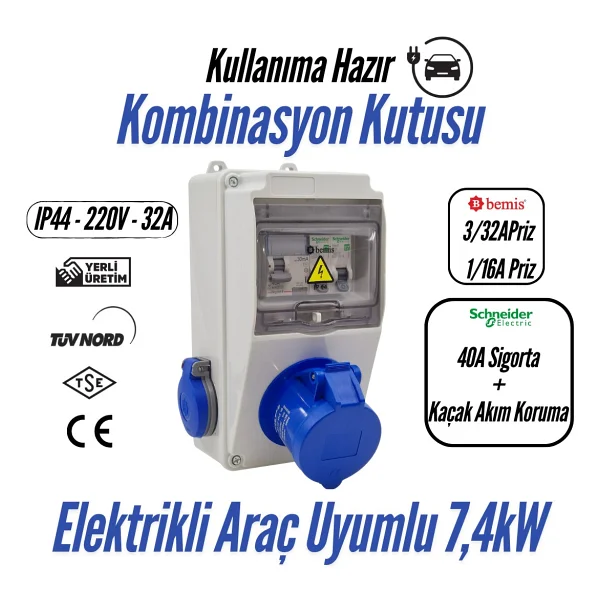 Bemis Kombinasyon Kutusu (Taşınabilir Elektrikli Araç Şarj Cihazları İçin Uygundur)(40a Sigorta + Kaçak Akım Korumalı) - 3/32a Ön Çıkış + 1/16a Ön Çıkış Ip44 - Görsel 6