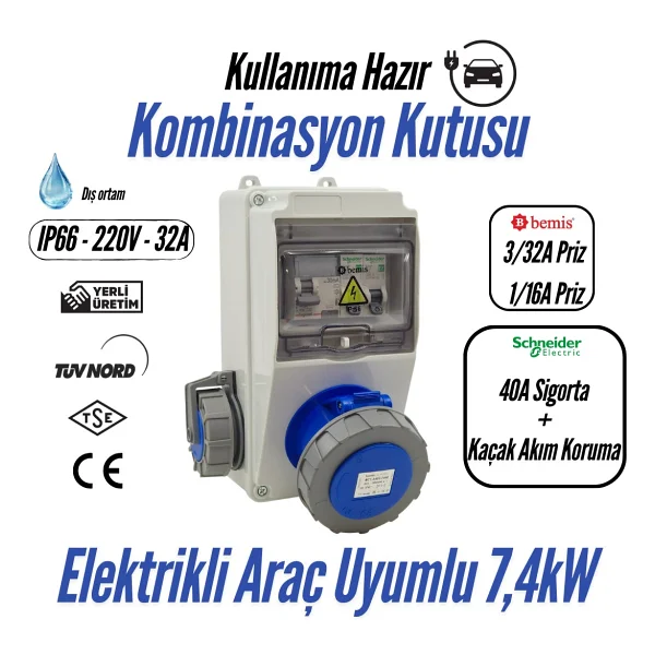 Bemis Kombinasyon Kutusu Ip66 (40a Sigorta + Kaçak Akım Korumalı) (Taşınabilir Elektrikli Araç Şarj Cihazları İçin Uygundur) - 3/32a Ön Çıkış + 1/16a Ön Çıkış - Görsel 6