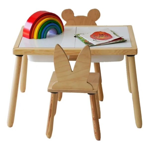 Wood & Joy Doğal Ahşap Duyusal Çocuk Aktivite Masası Oyun Masası ve Çocuk Çalışma Masası 2 Sandalye Seti - Sarı - Görsel 6