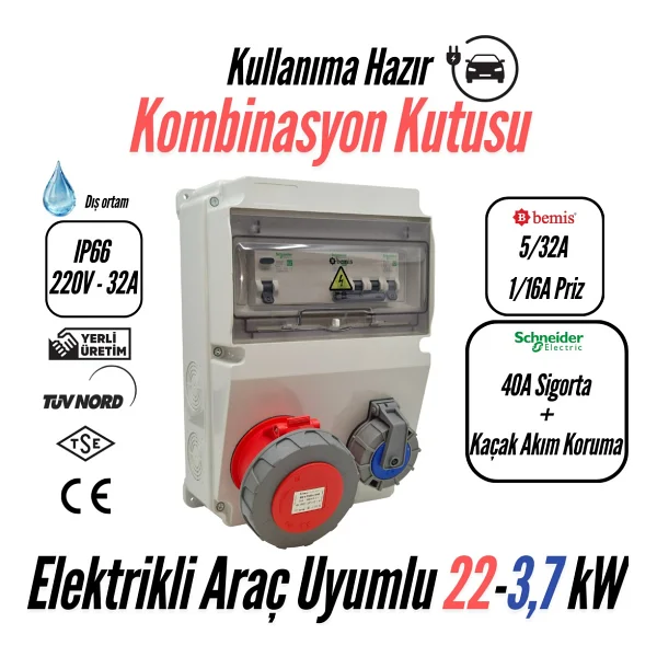 Bemis Kombinasyon Kutusu Ip66 (40a Sigorta + Kaçak Akım Korumalı)(Taşınabilir Elektrikli Araç Şarj Cihazları İçin Uygundur) 5/32a Ön Çıkış + 1/16a Ön - Görsel 6
