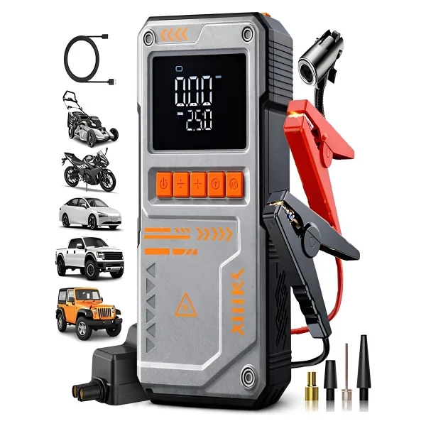 Azurtech 10000mah Dijital Ekranlı Araba Akü Takviye'li Kompresör Araç Lastik Şişirme Hava Pompası - 150psı 1000a - Gri - Görsel 10