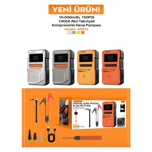 Azurtech 10000mah Dijital Ekranlı Araba Akü Takviye'li Kompresör Araç Lastik Şişirme Hava Pompası - 150psı 1000a - Gri - Görsel 4