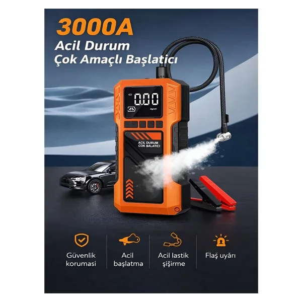 Azurtech 10000mah Dijital Ekranlı Araba Akü Takviye'li Kompresör Araç Lastik Şişirme Hava Pompası - 150psı 1000a - Gri - Görsel 5
