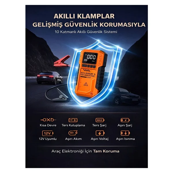 Azurtech 10000mah Dijital Ekranlı Araba Akü Takviye'li Kompresör Araç Lastik Şişirme Hava Pompası - 150psı 1000a - Gri - Görsel 8