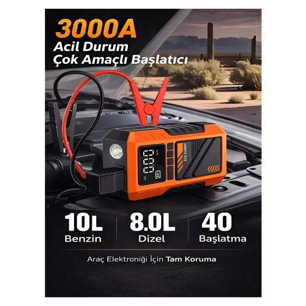 Azurtech 10000mah Dijital Ekranlı Araba Akü Takviye'li Kompresör Araç Lastik Şişirme Hava Pompası - 150psı 1000a - Gri - Görsel 9