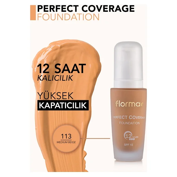 Flormar Perfect Coverage Yarı Parlak Bitişli Spf 15 113 Medium Beige 30 Ml Likit Fondöten - Görsel 5