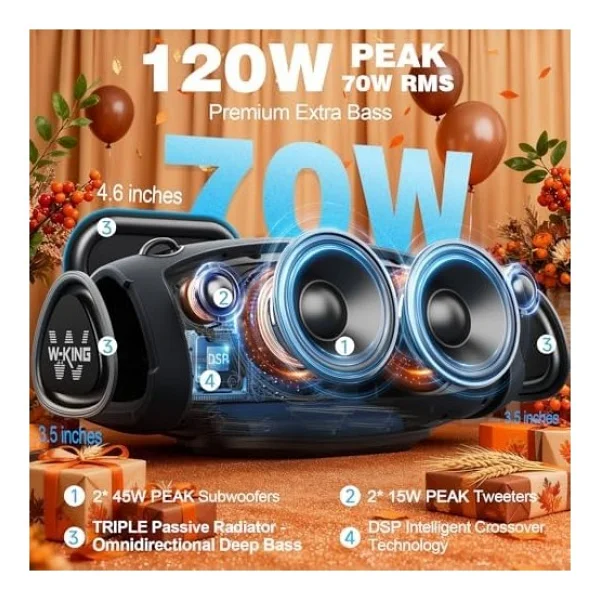 W-Kıng Subwoofer İle Taşınabilir Loud Bluetooth Hoparlör, 70w Taşınabilir Açık Hoparlörler Bluetooth Kablosuz Su Geçirmez, Üçlü Pasif Radyatörler-Derin Bas/Hi-Fi Ses/Dsp/42h/Güç - Standart - Görsel 4