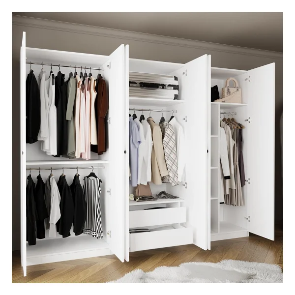 Bimossa KE4040 Goss 270 cm Modern Beyaz 6 Kapaklı Gardırop, 2 Çekmeceli, 4 Askılı, Yüklüklü ve Raflı Elbise Dolabı - Görsel 5