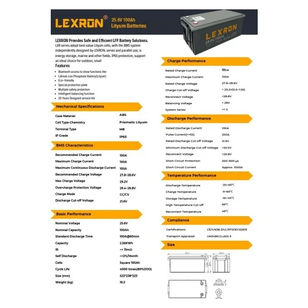 Lexron - İnges 25.6 Volt 100 Amper Lityum Akü - 24 Volt 100 Ah Lifepo4 Batarya - Güneş Paneli Aküsü - Görsel 2