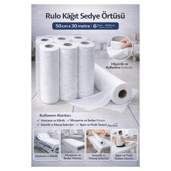 Genel Rulo Kağıt Sedye Örtüsü 50x30 Metre 6 Rulo Muayene Masa Örtüsü Tek Kullanımlık Medikal Sedye Kağıdı - Görsel 2