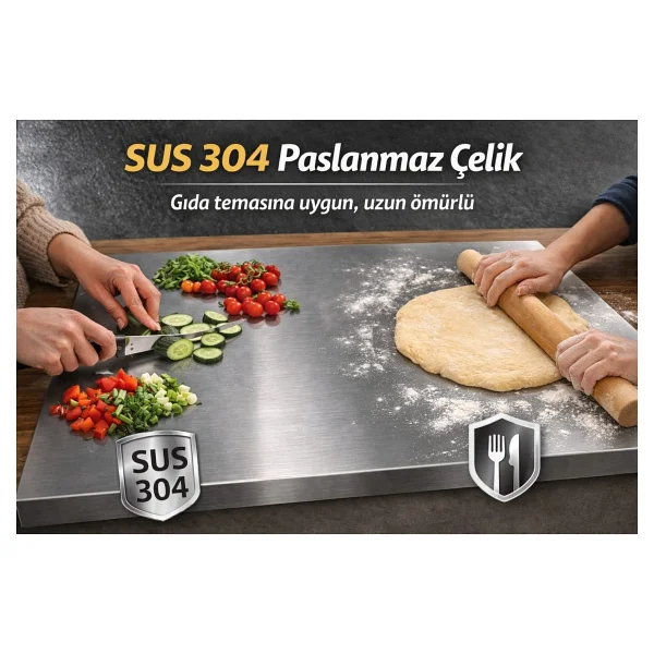 Plastmarket Paslanmaz Çelik Tezgah Üstü Kesme Doğrama Yoğurma Tahtası - L Kenar - XL Ekstra Büyük Boy - Görsel 3