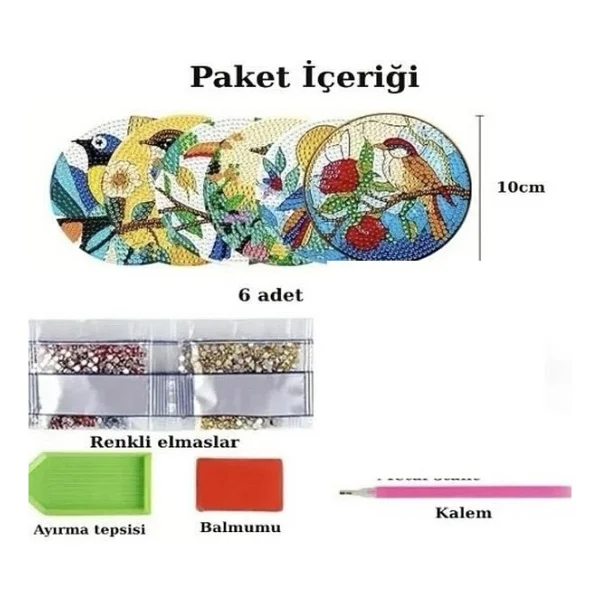 İğne İzi Elmas Boyama Bardak Altlığı Seti - 6 Parça, Plastik Stant Dahil, Dıy Kendin Yap - Görsel 2