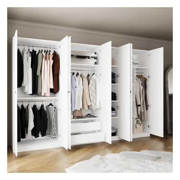 Bimossa Kf2040 Goss 315 Cm Beyaz 7 Kapaklı Gardırop, 4 Askılı, Raflı,2 Yüklüklü Ve 2 Çekmeceli Elbise Dolabı - Görsel 6