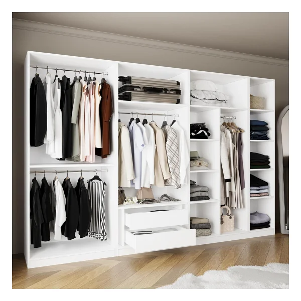 Bimossa Kf1040 Goss 315 Cm, Modüler Açık Gardırop, 3 Askılı + 1 Boy Askılı, Raflı, 2 Çekmeceli Geniş Dolap Beyaz - Görsel 2
