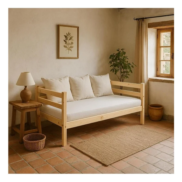 Pinoxi Ahşap Sedir Kanepe 90x180 Cm (Iç Ölçü) Mindersiz Doğal Natural Masif Ahşap - Ahşap - Krem - Görsel 6