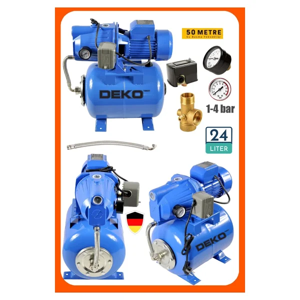 Deko Turkey Bakır Sargılı 1.5 Hp Jet Hidrofor + 24 Lt Tanklı Küre Seti Ev Ve Bahçe Otomatik Su Pompası 4 Kat - Görsel 2