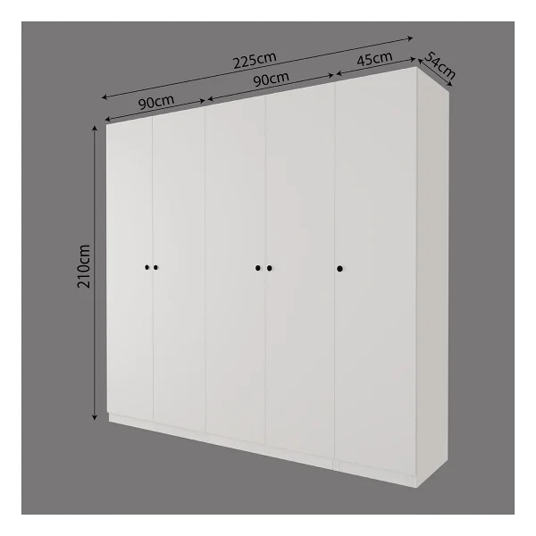 Bimossa KD8040 Goss 225 cm Beyaz Kapaklı Gardırop, 3 Askılı, Dar Raflı, Yüklüklü, 5 Kapaklı Elbise Dolabı - Görsel 3