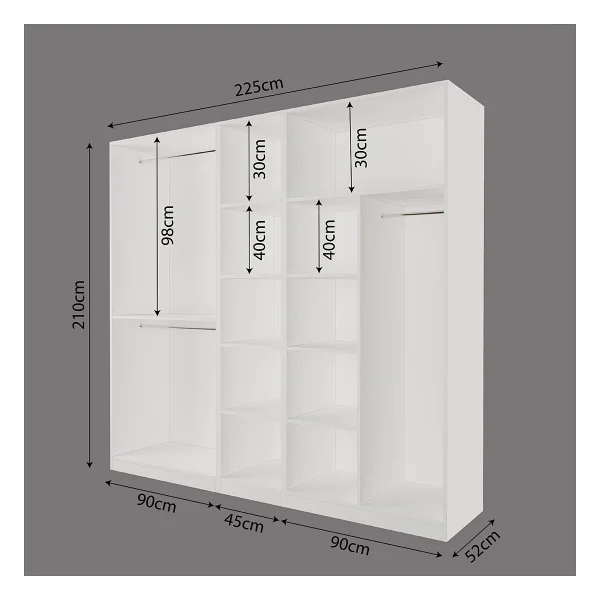 Bimossa KD8040 Goss 225 cm Beyaz Kapaklı Gardırop, 3 Askılı, Dar Raflı, Yüklüklü, 5 Kapaklı Elbise Dolabı - Görsel 4