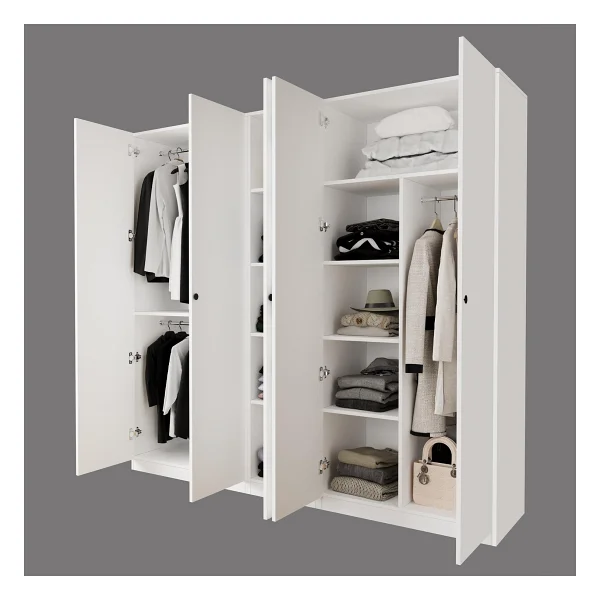 Bimossa KD8040 Goss 225 cm Beyaz Kapaklı Gardırop, 3 Askılı, Dar Raflı, Yüklüklü, 5 Kapaklı Elbise Dolabı - Görsel 5
