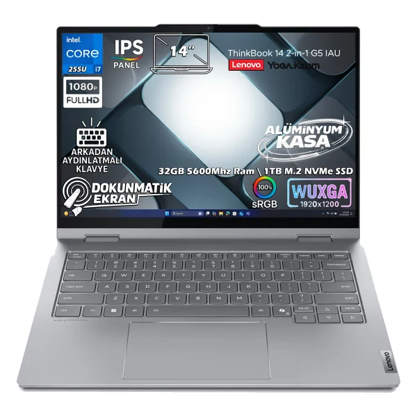 Lenovo Thinkbook 14 2-In-1 G5 Iau Intel Core Ultra 7 255u 32gb 1tb SSD 14" Wuxga (1920x1200) Ips Panel Dokunmatik Freedos Taşınabilir Bilgisayar 21sq003btx + Lenovo Yoga Kalem - 1 TB - 32 GB - Görsel 2