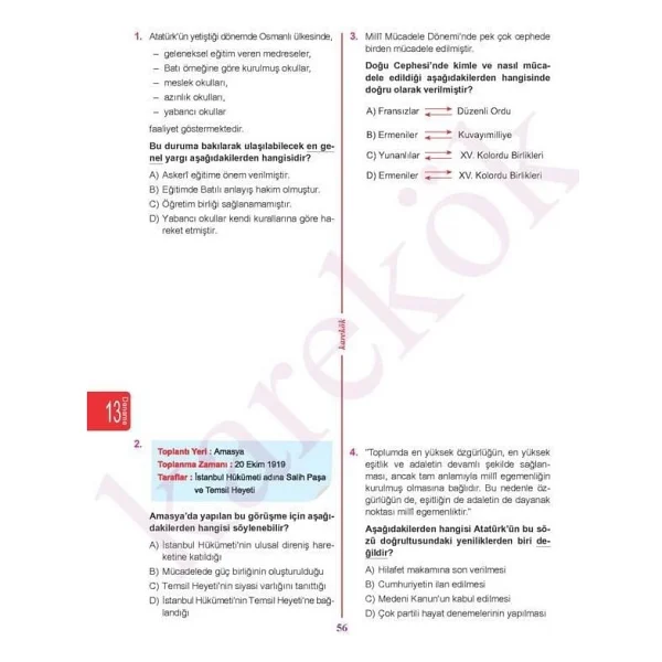 Karekök Yayınları 8. Sınıf Lgs T.C. İnkılap Tarihi Atatürkçülük 20'li Deneme - Görsel 4
