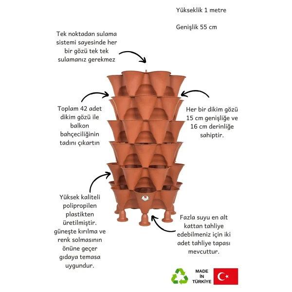 Bahçe Kulesi Yediveren - Evde Tarım Katlı Saksı - Kahverengi - Görsel 10