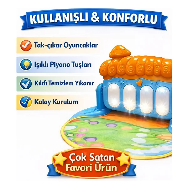Hak-İş Oyuncak Piyanolu Mantar Desenli Bebek Oyun Halısı - 0+ Ay, Hayvan Figürlü - Mavi - 76 x 60 x 45 cm - Görsel 3