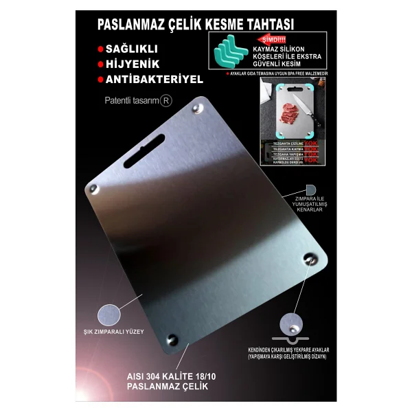 Bright Paslanmaz Çelik Kesme Tahtası ( Gömme Ayaklı - 304 )Patentli - Antibakteriyel - Görsel 2